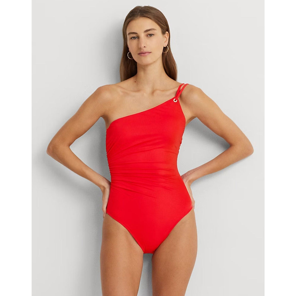 LAUREN RALPH LAUREN Double Strap One Piece Swimsuit Size 8 Red One Shoulder NWT
