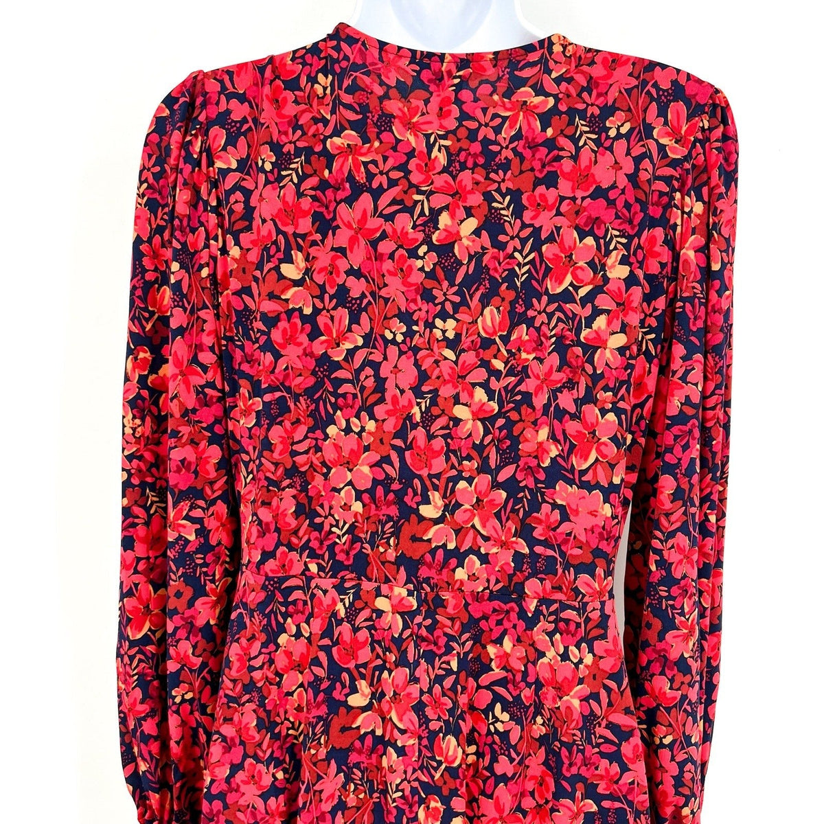 MAGGY LONDON Womens Floral V-Neck Dress Small Navy Blue Red Smocked NWT