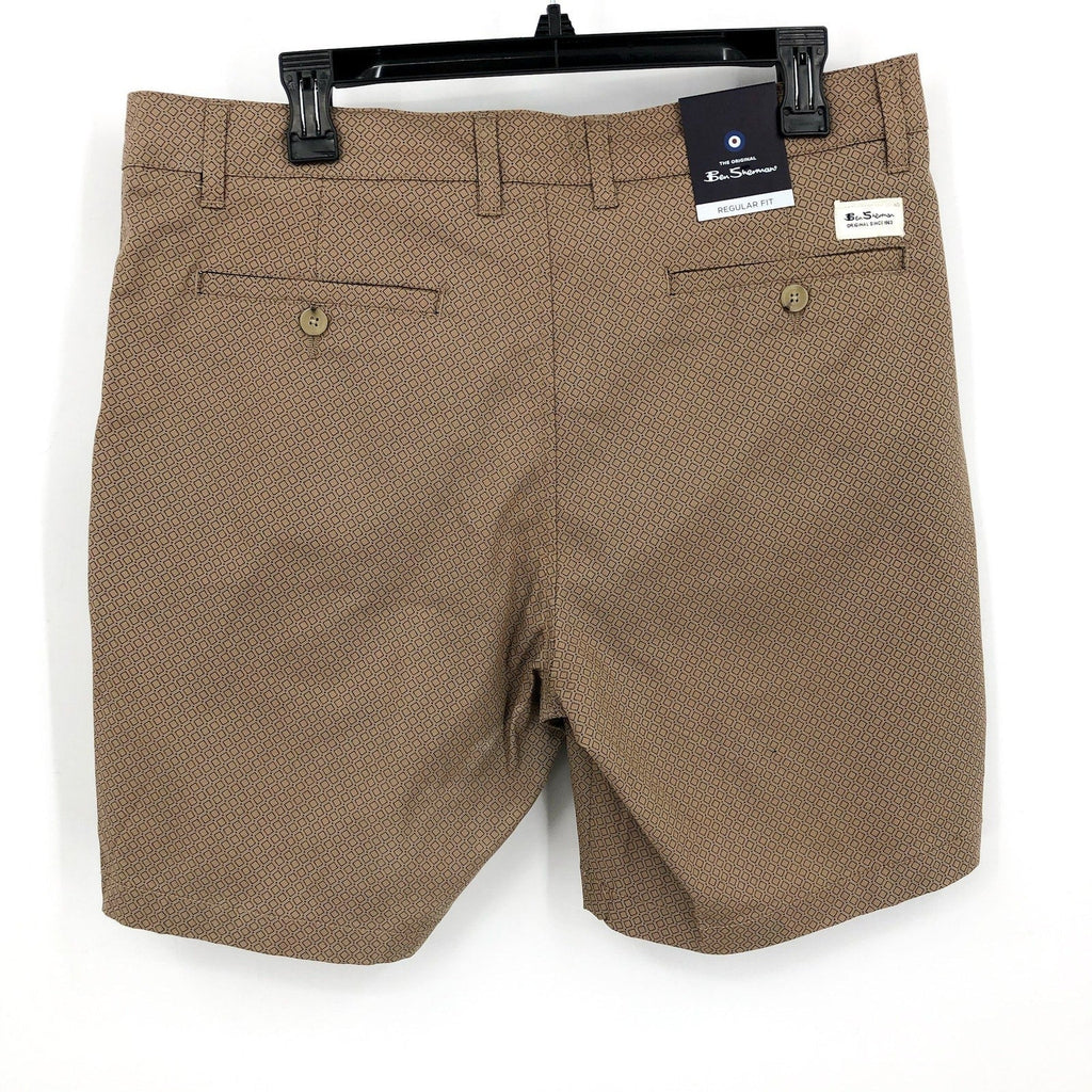 BEN SHERMAN Men's Printed Stretch Chino Shorts Size 34 Khaki Tan Flat Front NWT
