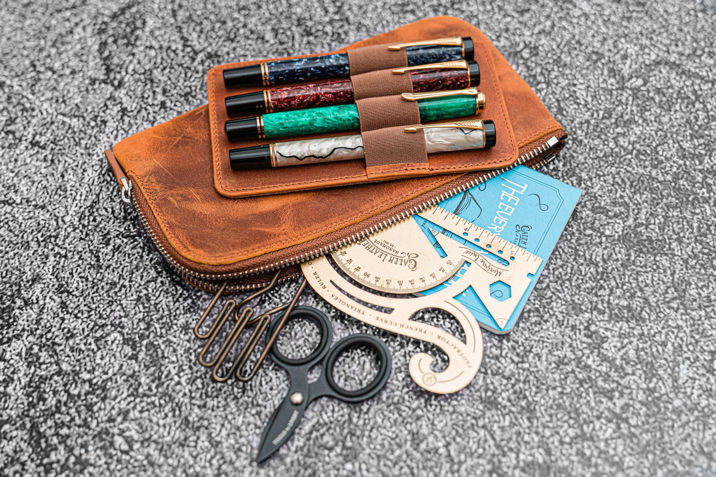 Leather Slip-N-Zip 4 Slots Zippered Pen Pouch - Crazy Horse Brown