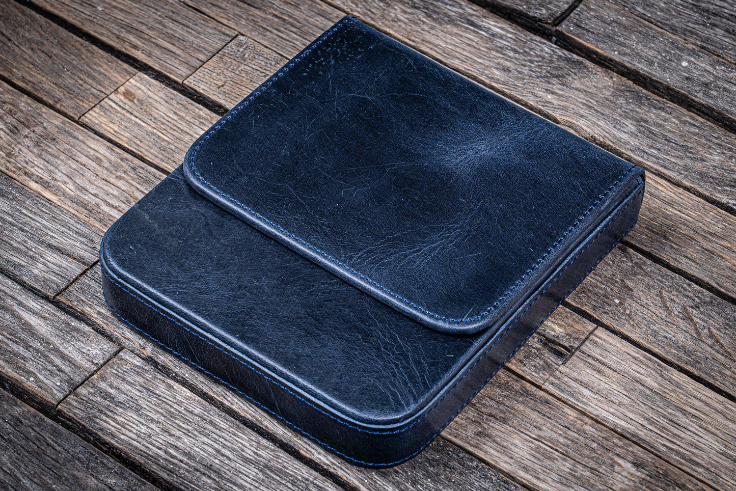 Leather Magnum Opus 6 Slots Hard Pen Case with Removable Pen Tray - Crazy Horse Navy Blue