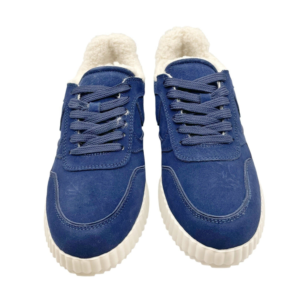 Steve Madden Womens Shereen-Fur Lined Sneakers Size 7.5 Navy Blue Suede NIB