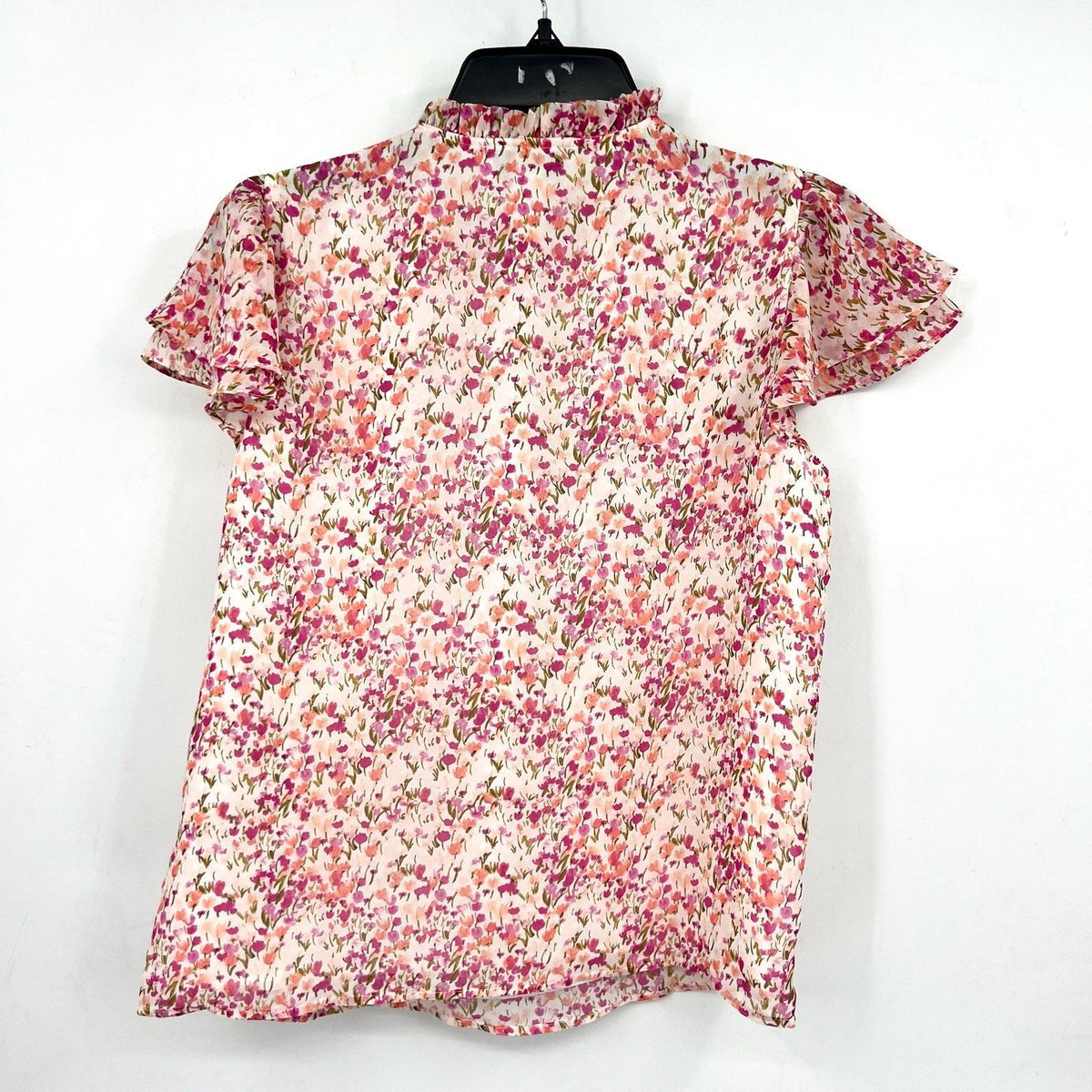 CECE Women's Ruffled Blouse XS Pink Floral Keyhole-Neck Flutter-Sleeve NWT