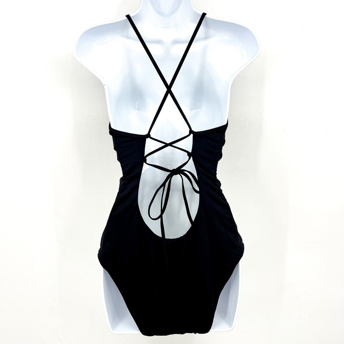 BECCA Colette Clare Plunge One Piece Swimsuit Medium Black Crochet Flower NWT