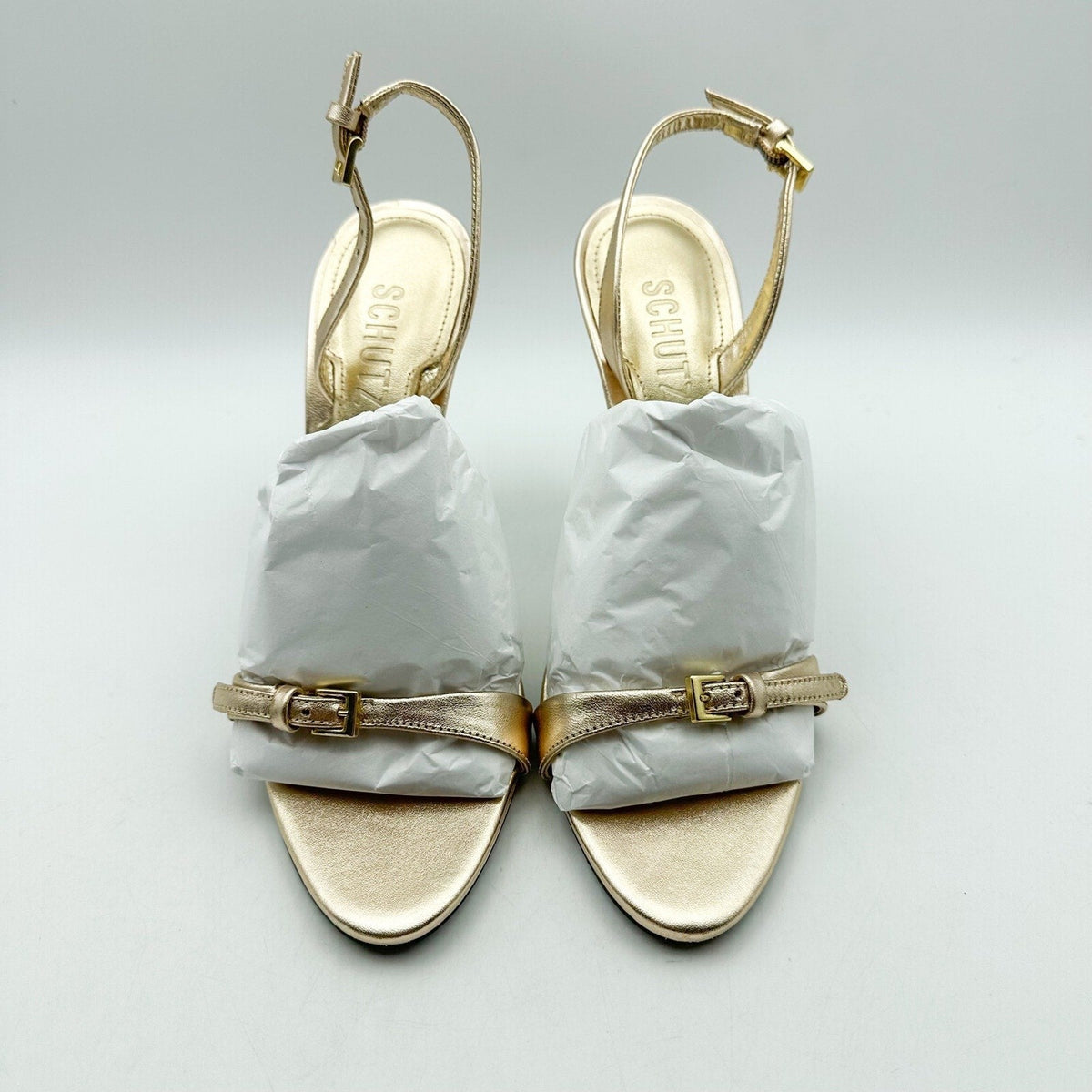 SCHUTZ Womens Aurora Sling Heeled Sandals Size 7.5 Platina Gold Stiletto NWOB