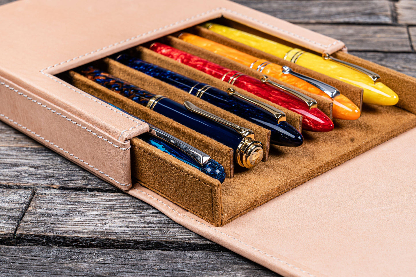 Leather Magnum Opus 6 Slots Hard Pen Case with Removable Pen Tray - Undyed Leather