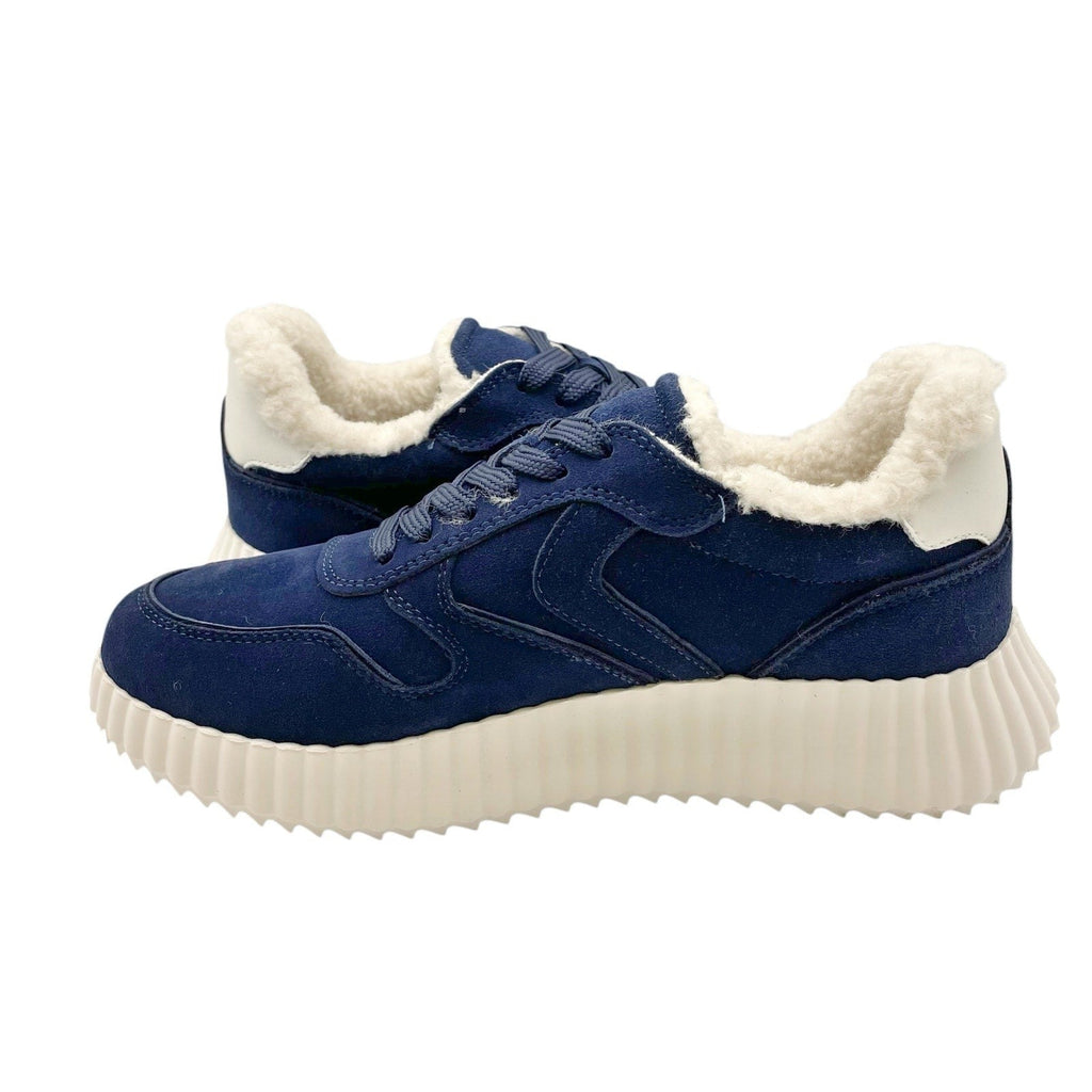 Steve Madden Womens Shereen-Fur Lined Sneakers Size 7.5 Navy Blue Suede NIB