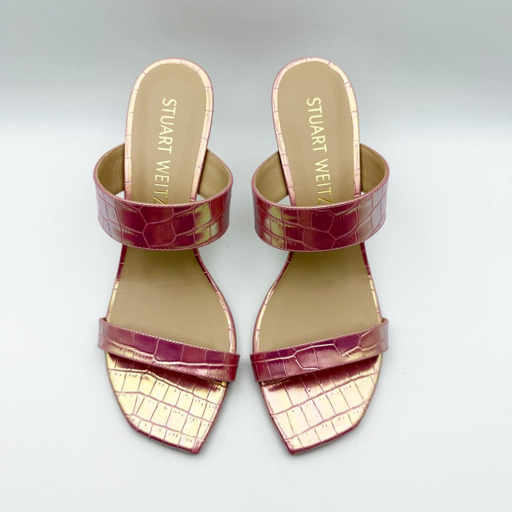 Stuart Weitzman Kristal Heeled Sandals Size 9 M Pink Iridescent Leather NIB