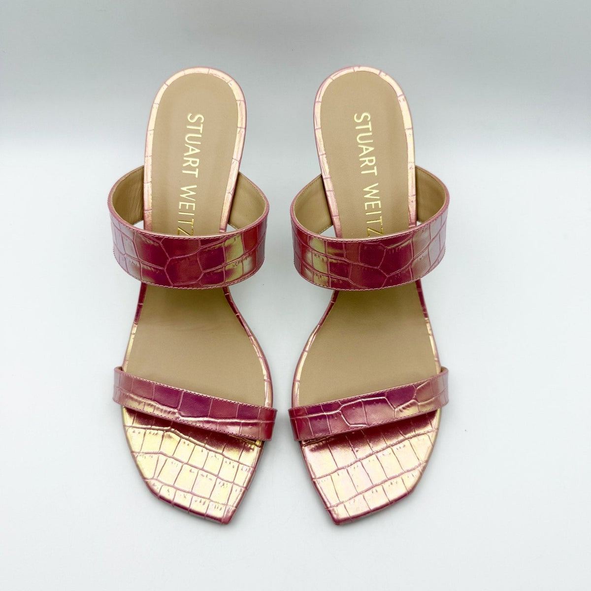 Stuart Weitzman Kristal Heeled Sandals Size 9 M Pink Iridescent Leather NIB