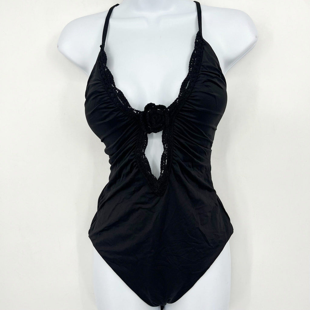 BECCA Colette Clare Plunge One Piece Swimsuit Medium Black Crochet Flower NWT