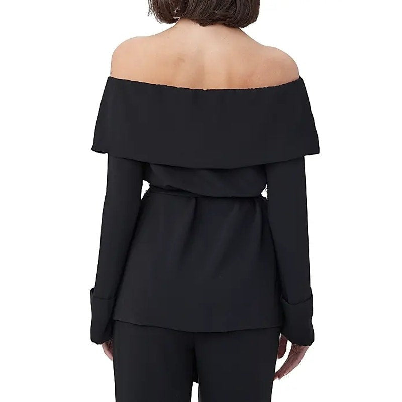 TRINA TURK Womens Lyndi Off-the-Shoulder Top Size 8 Black Long Sleeve Belted NWT