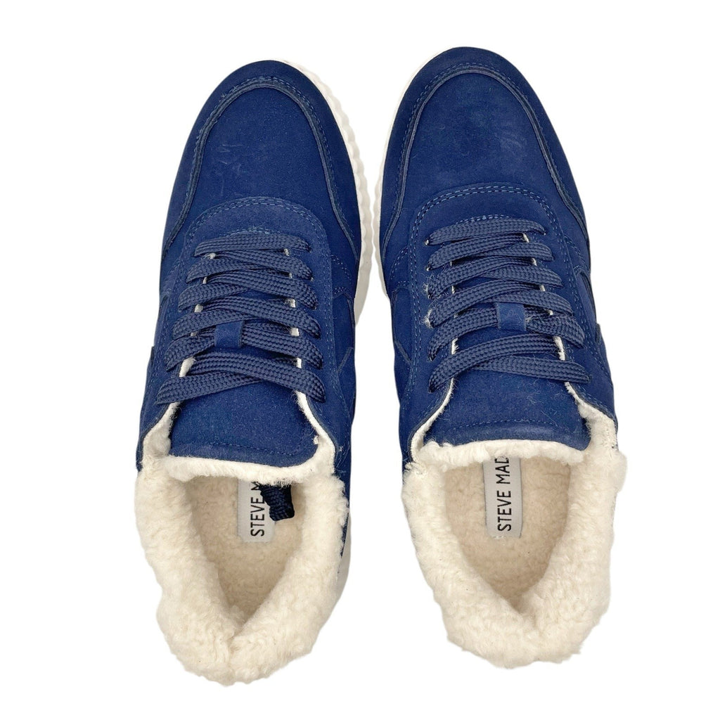 Steve Madden Womens Shereen-Fur Lined Sneakers Size 7.5 Navy Blue Suede NIB
