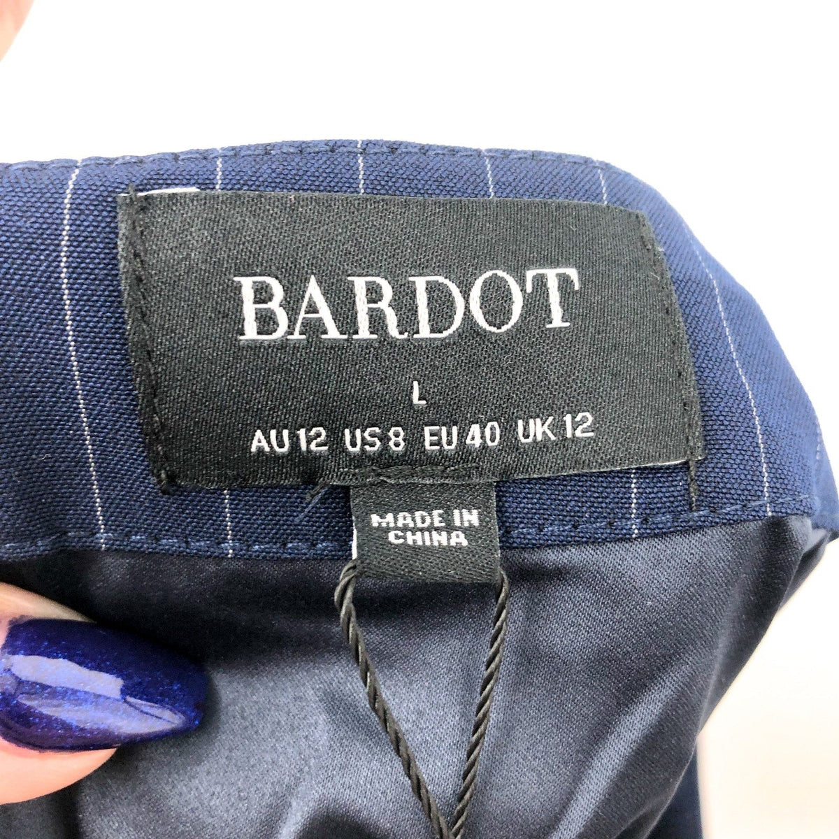 BARDOT Women's Layton Pin Stripe Mini Skirt Large US 8 Navy Blue NWT