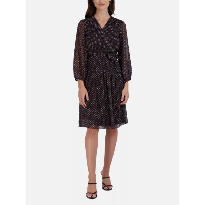 SIGNATURE BY ROBBIE BEE Faux Wrap Dress 10 Black Multi Polka Dot 3/4 Sleeve NWT