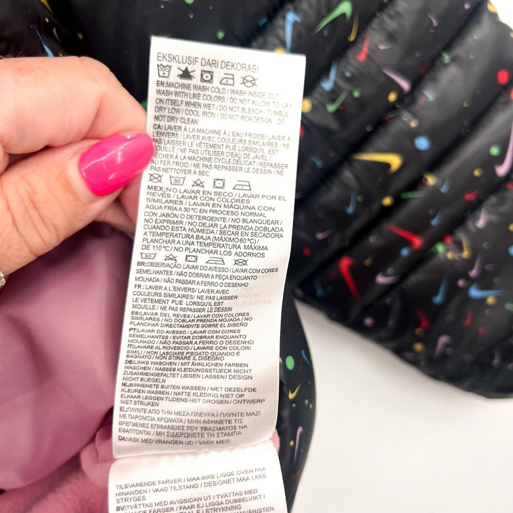 NIKE Girl's Just Do It Printed Puffer Jacket Size 6X Black Confetti NWOT
