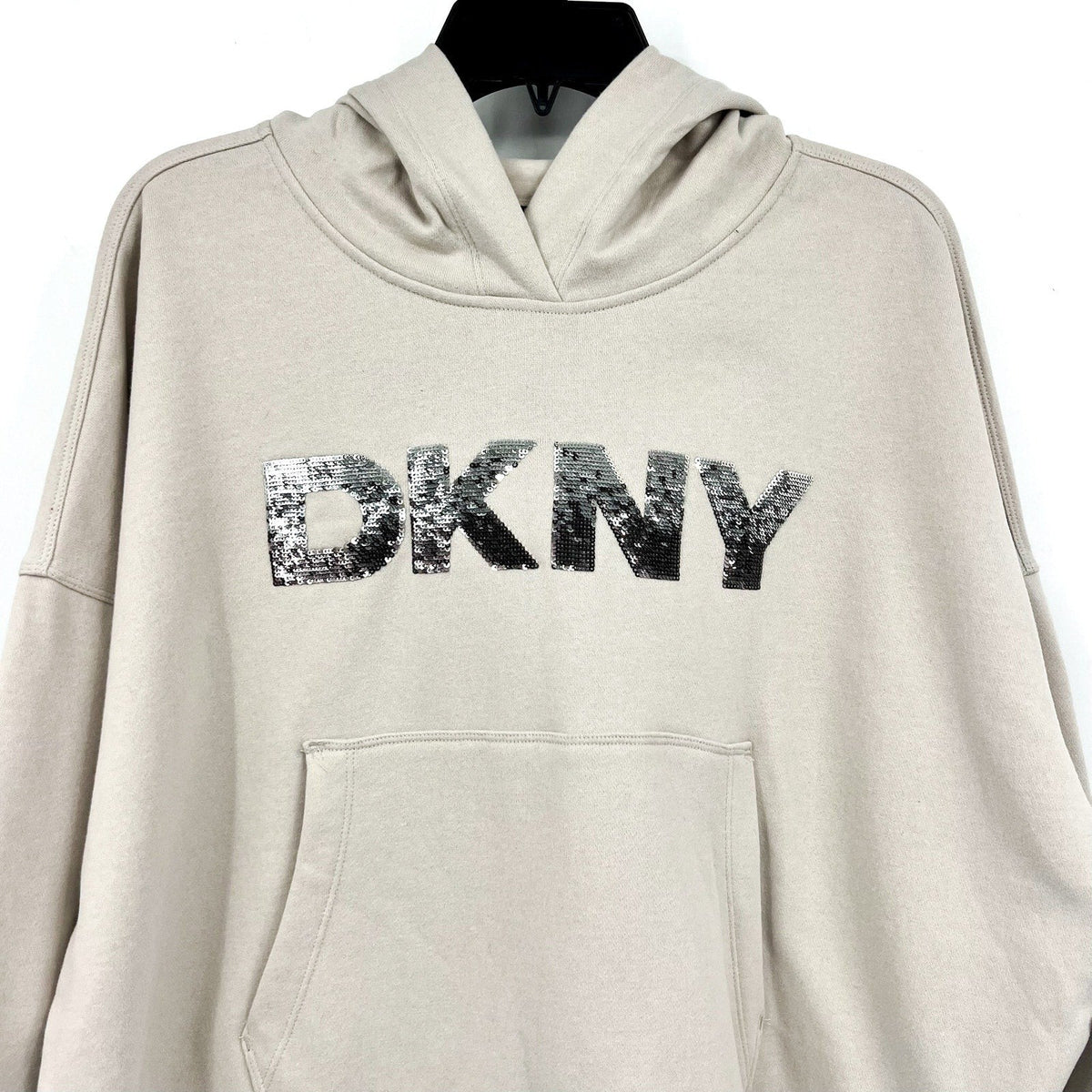 DKNY Women's Sequin Hoodie Medium Taupe Beige Pullover Sweatshirt NWT