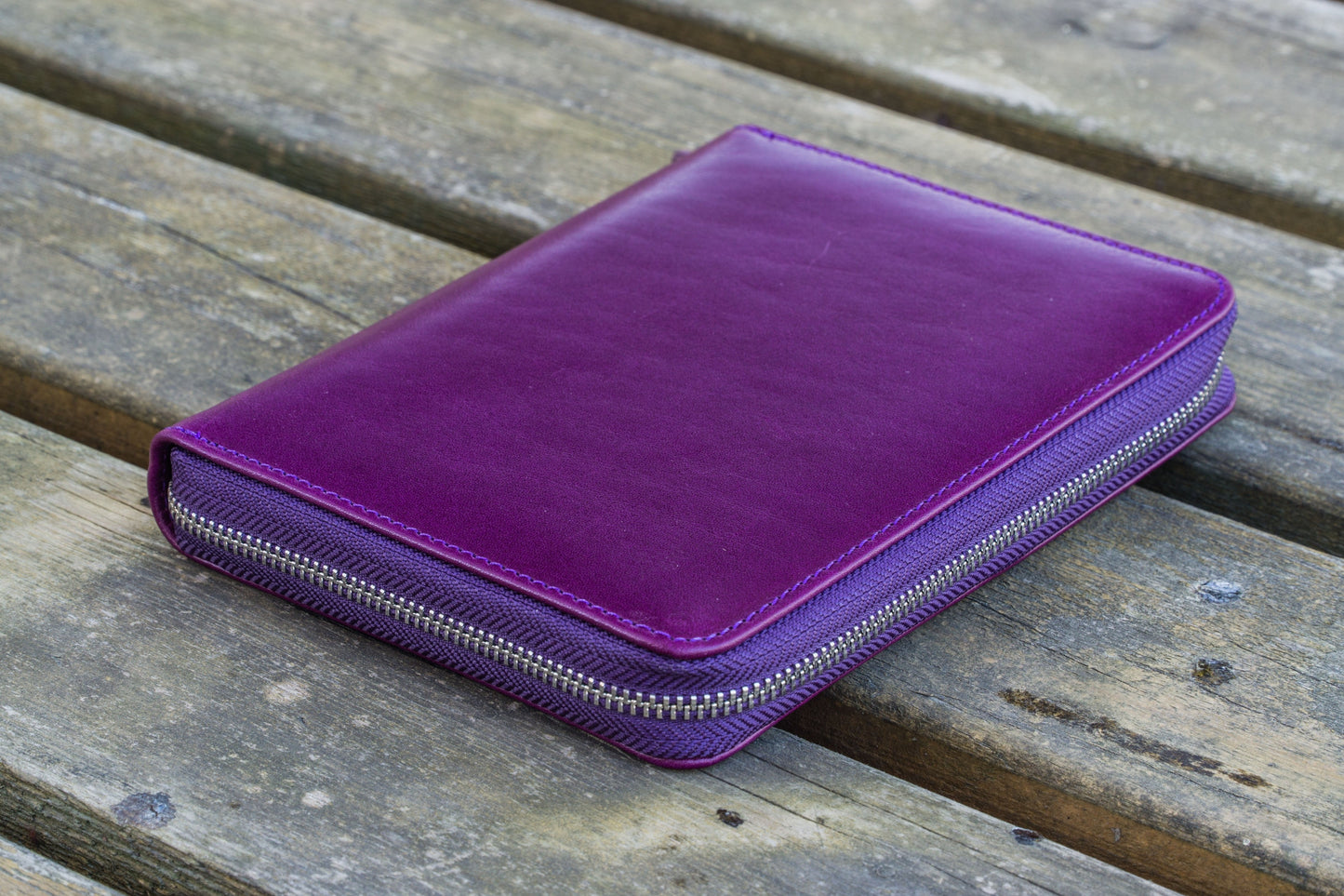 Leather Zippered 5 Slots Pen Case - Purple