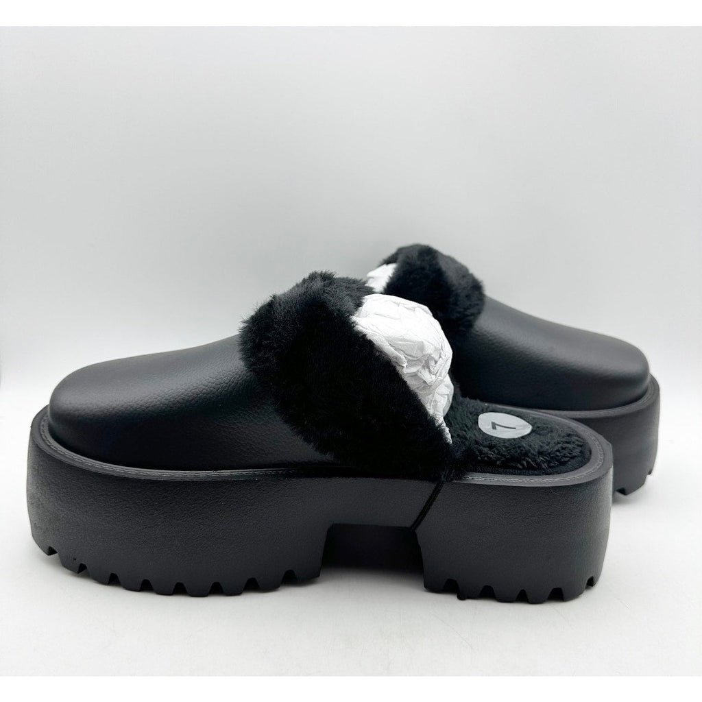 BEBE Women's Platform Slides Size 7 Black Faux Fur Collar Rhinestone Logo NWOB