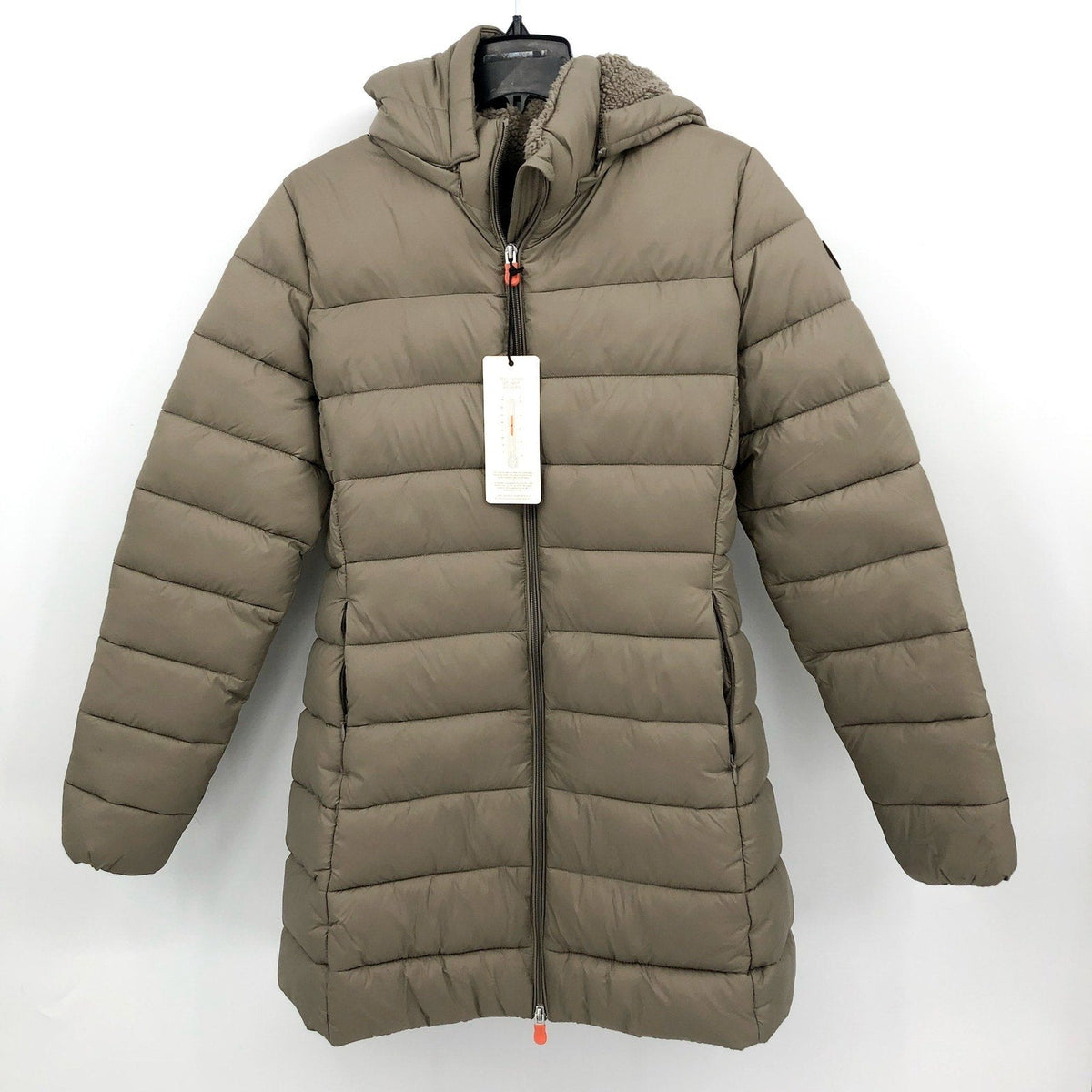 SAVE THE DUCK Joanne Hooded Longline Puffer Jacket Large Size 12 Grey Taupe NWT