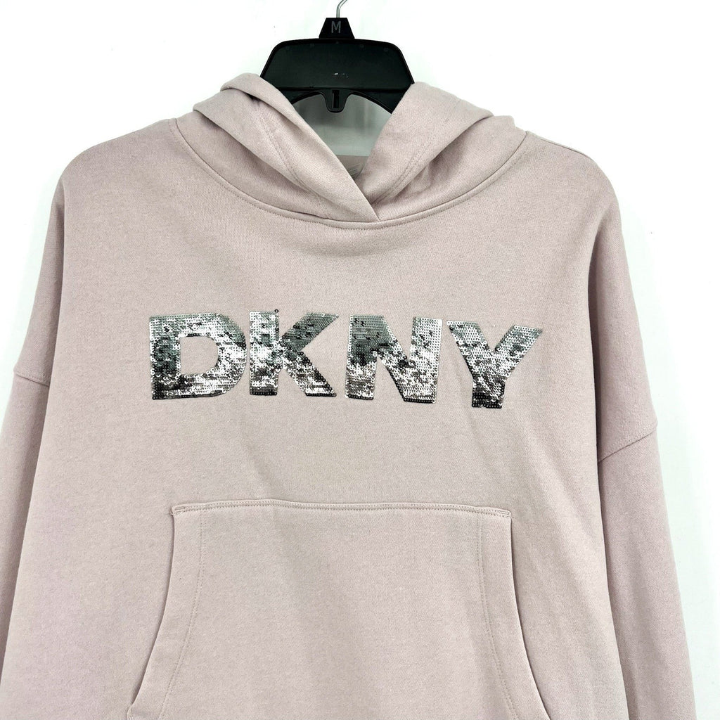 DKNY Women's Sequin Fleece Hoodie Medium Pink Allure Pullover Sweatshirt NWT