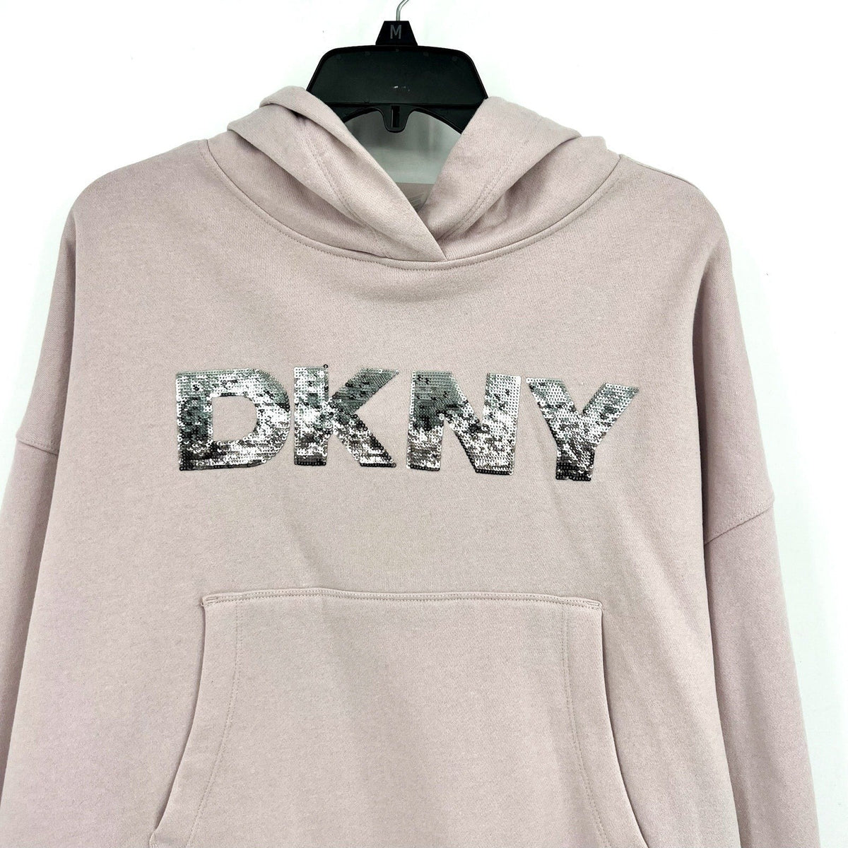 DKNY Women's Sequin Fleece Hoodie Medium Pink Allure Pullover Sweatshirt NWT