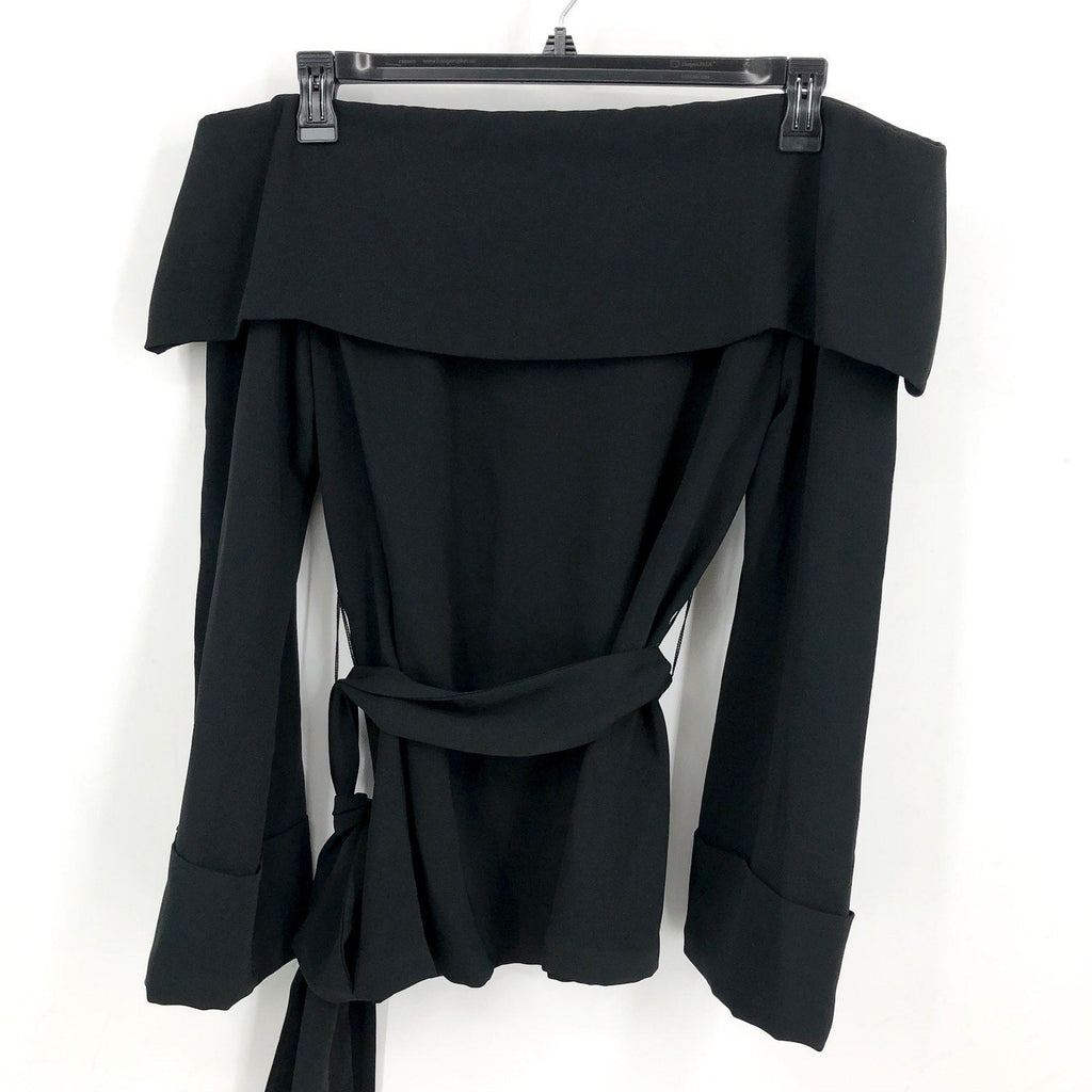 TRINA TURK Womens Lyndi Off-the-Shoulder Top Size 8 Black Long Sleeve Belted NWT