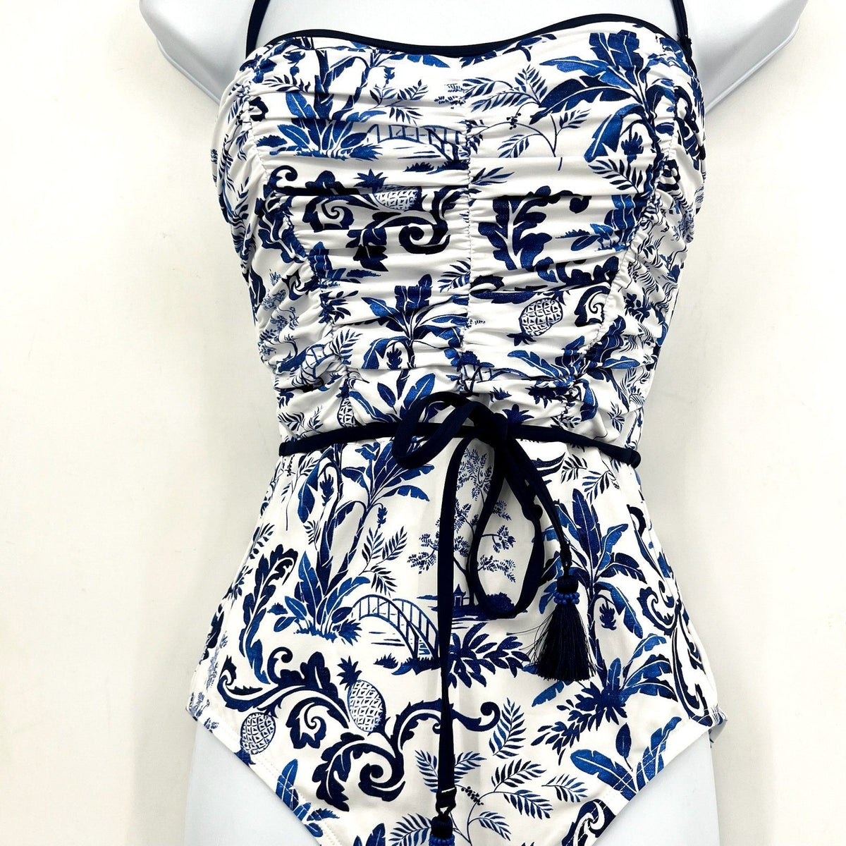 TOMMY BAHAMA Terrazzo Tile Bandeau One Piece Swimsuit Size 4 Blue Floral NWT
