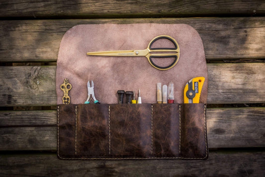 Personalized Leather Pen Roll - Rustic Dark Brown