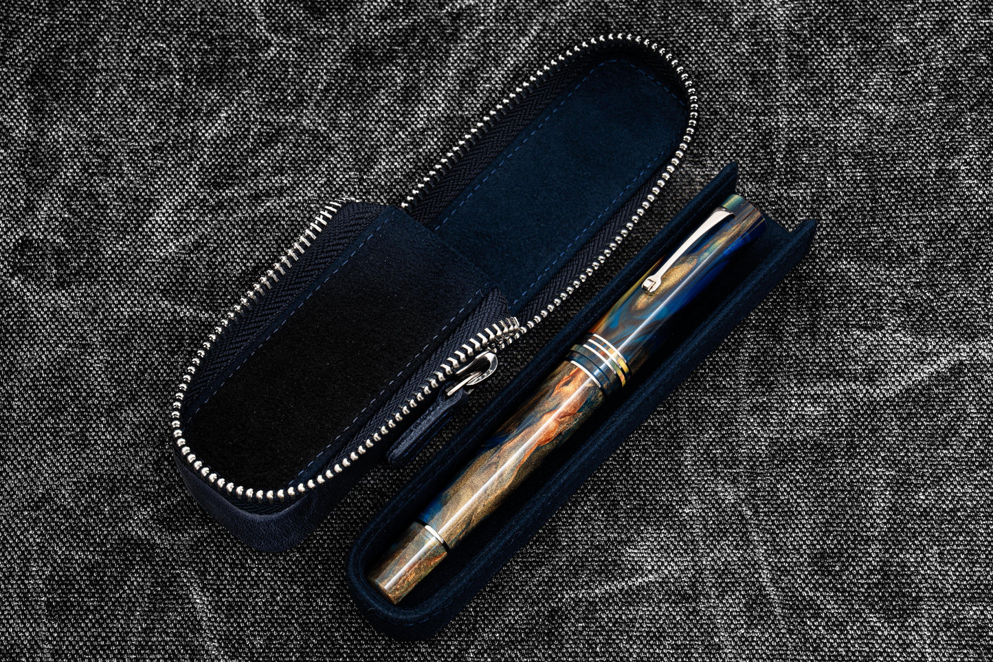 Leather Zippered Magnum Opus Single Hard Pen Case For Oversized Pens & Namiki Emperor - Crazy Horse Navy Blue