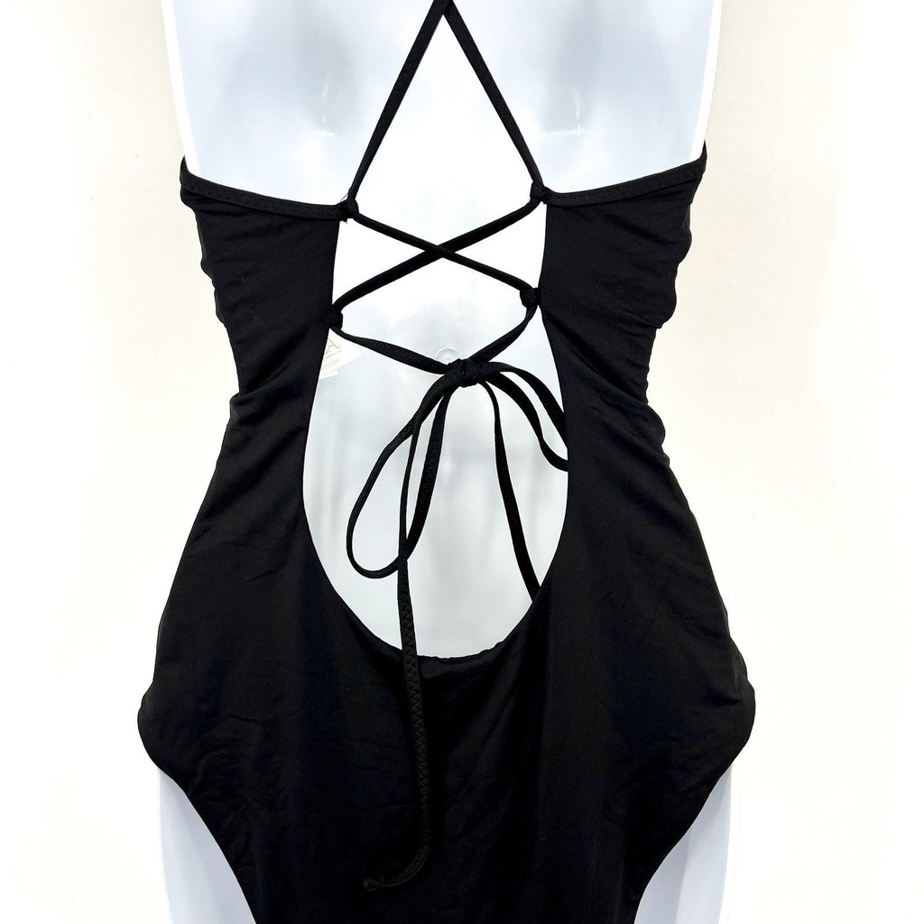 BECCA Colette Clare Plunge One Piece Swimsuit Medium Black Crochet Flower NWT