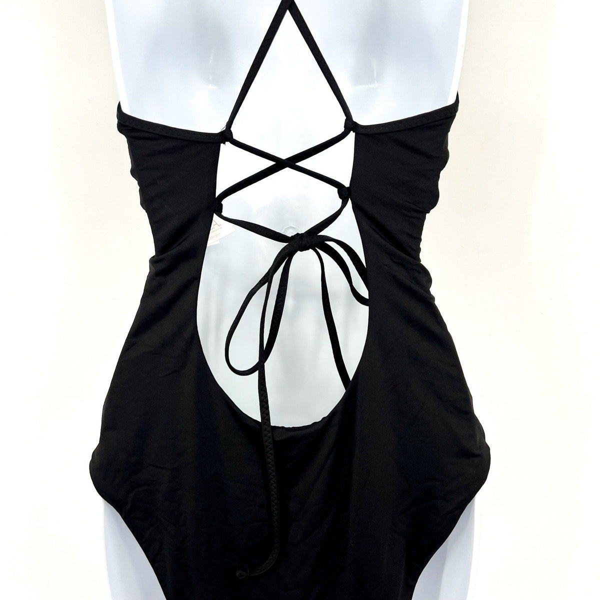 BECCA Colette Clare Plunge One Piece Swimsuit Medium Black Crochet Flower NWT