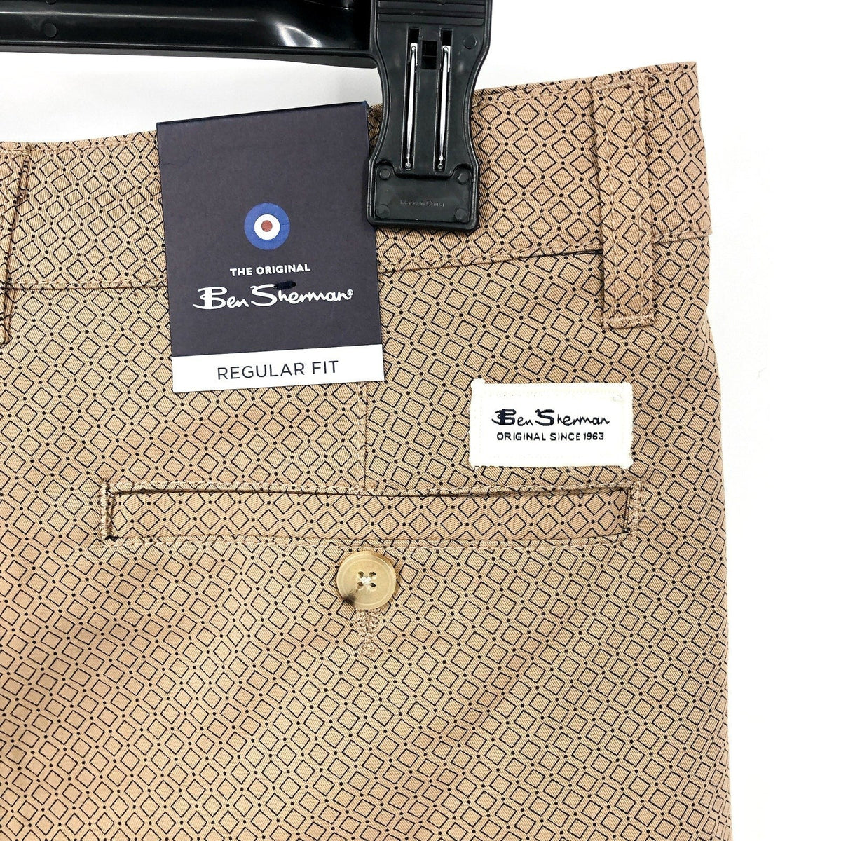 BEN SHERMAN Men's Printed Stretch Chino Shorts Size 34 Khaki Tan Flat Front NWT