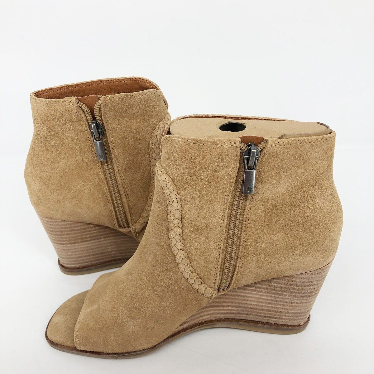 LUCKY BRAND Women's Suede Lureli Wedge Booties Size 6 Tan Peep Toe NWOB