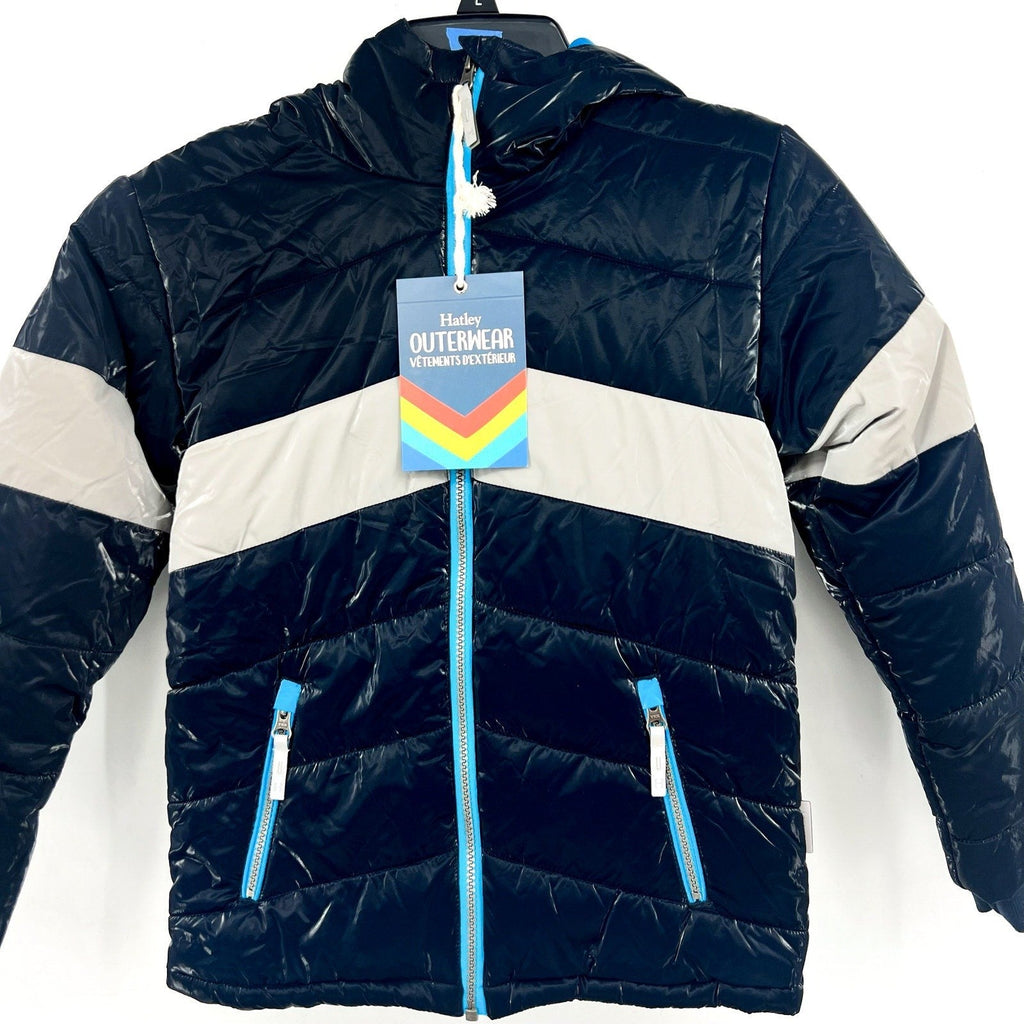 HATLEY Boys Shark Skin Puffer Jacket Size 8 Navy Blue Colorblock Hooded NWT