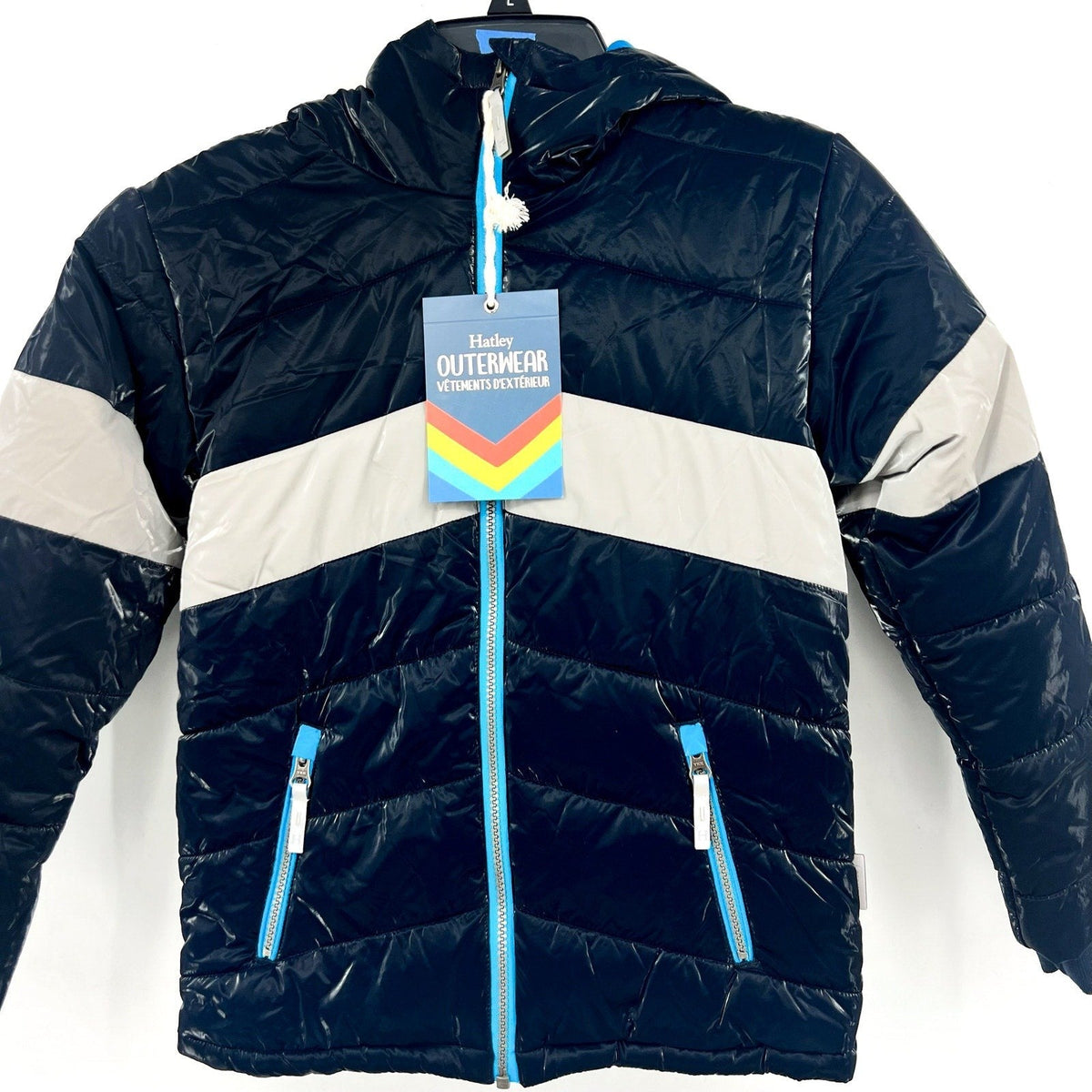 HATLEY Boys Shark Skin Puffer Jacket Size 8 Navy Blue Colorblock Hooded NWT