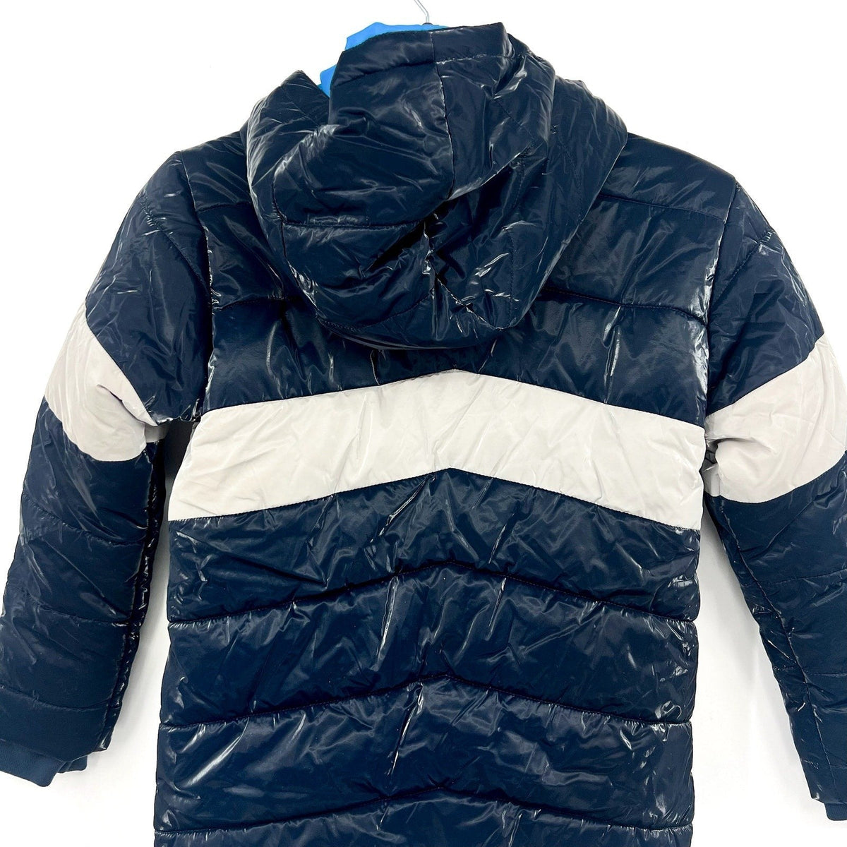 HATLEY Boys Shark Skin Puffer Jacket Size 8 Navy Blue Colorblock Hooded NWT