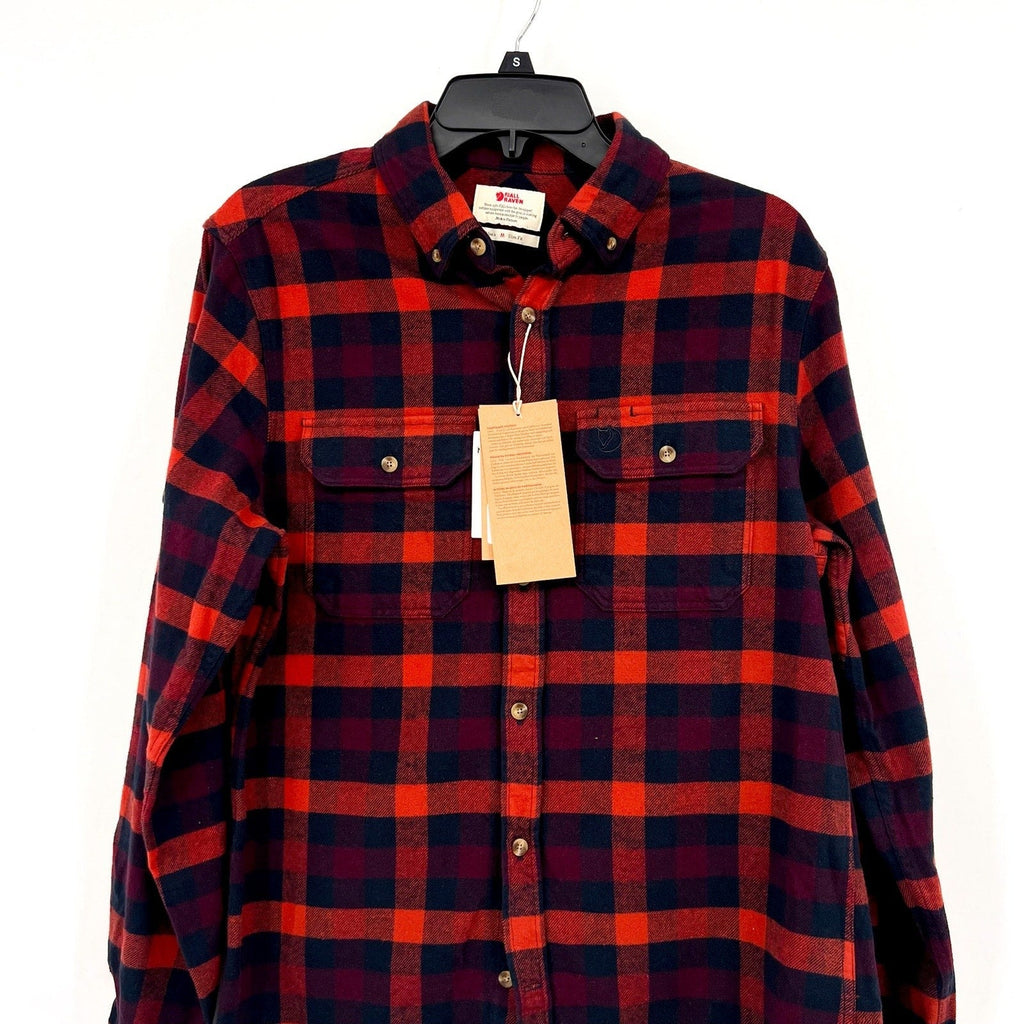 FJALLRAVEN Men's Skog Flannel Shirt Medium Slim Fit Navy Blue Red Plaid NWT