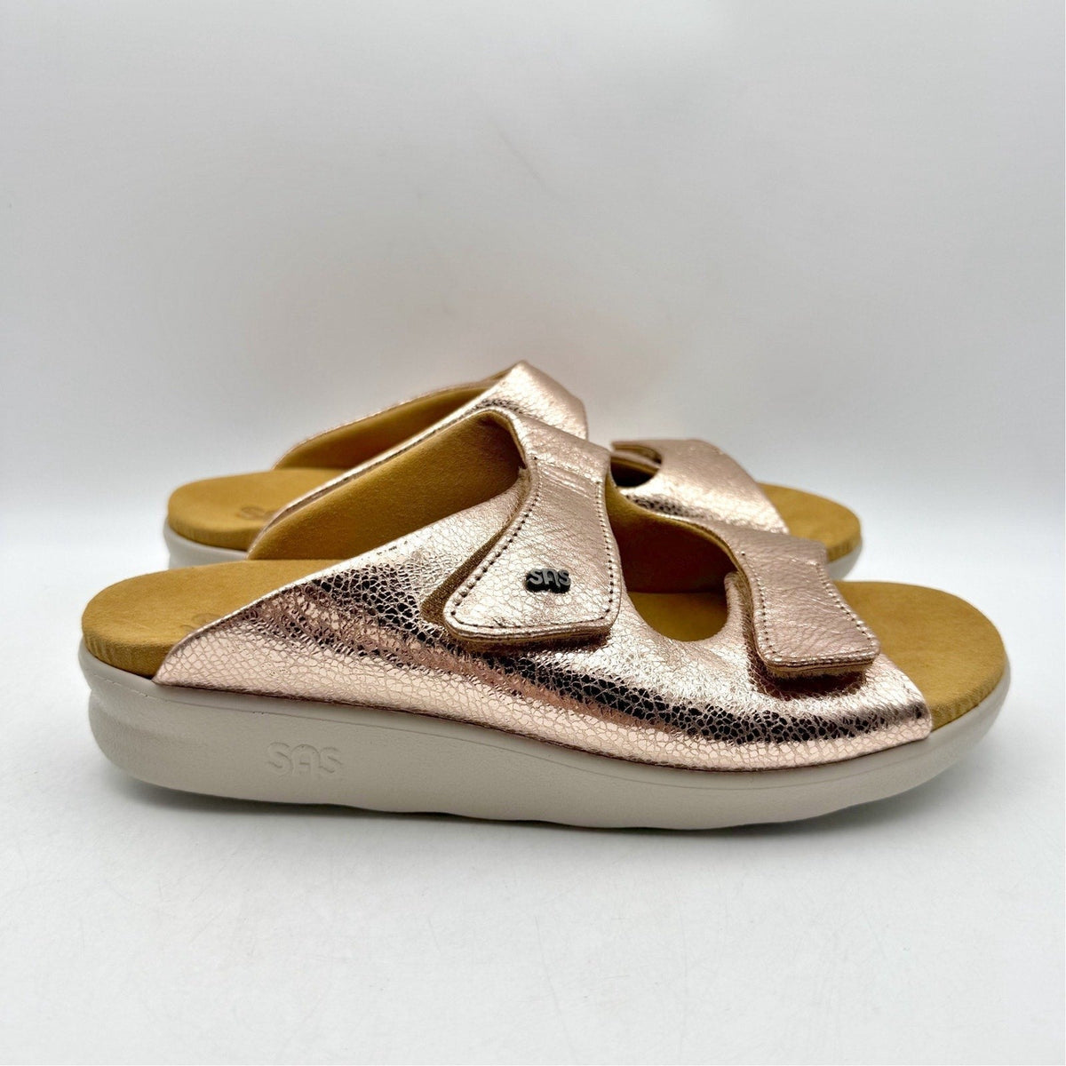 SAS Womens Cozy Adjustable Slide Sandals Size 9 Wide Pink Metallic Leather NIB