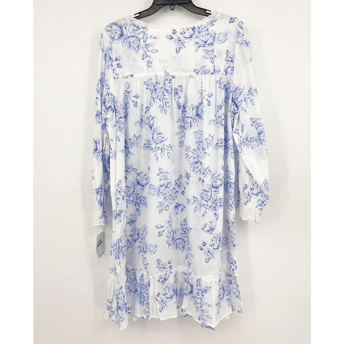 EILEEN WEST Short Nightgown Large Blue White Floral Long Sleeve Cotton Knit NWT