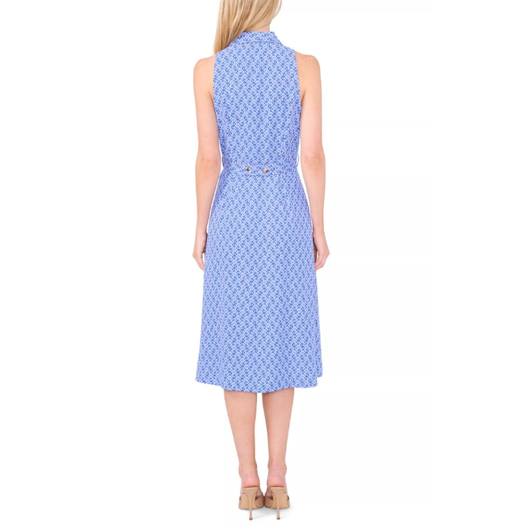 CECE Midi Shirt Dress Size 6 Blue Print Sleeveless V-Neck Belted Waist NWT