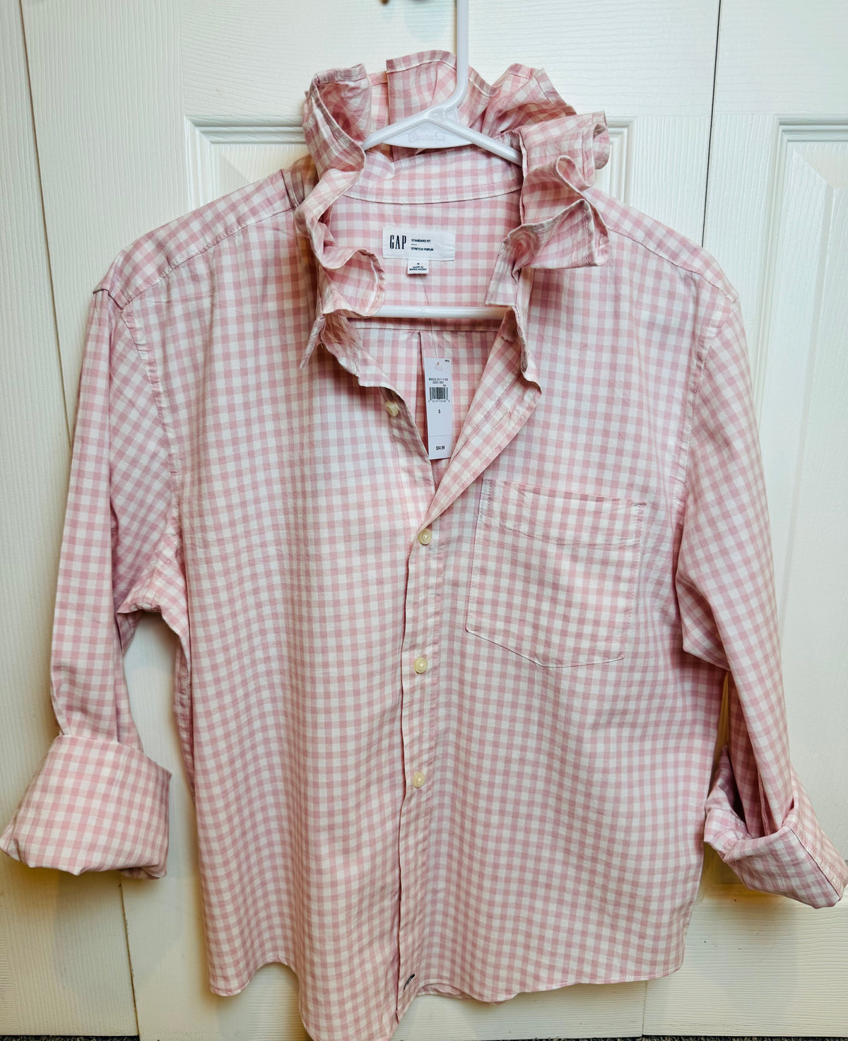 Andie - Brand New Gap Upcycled Men's shirt with Ruffle Collar Pink Gingham