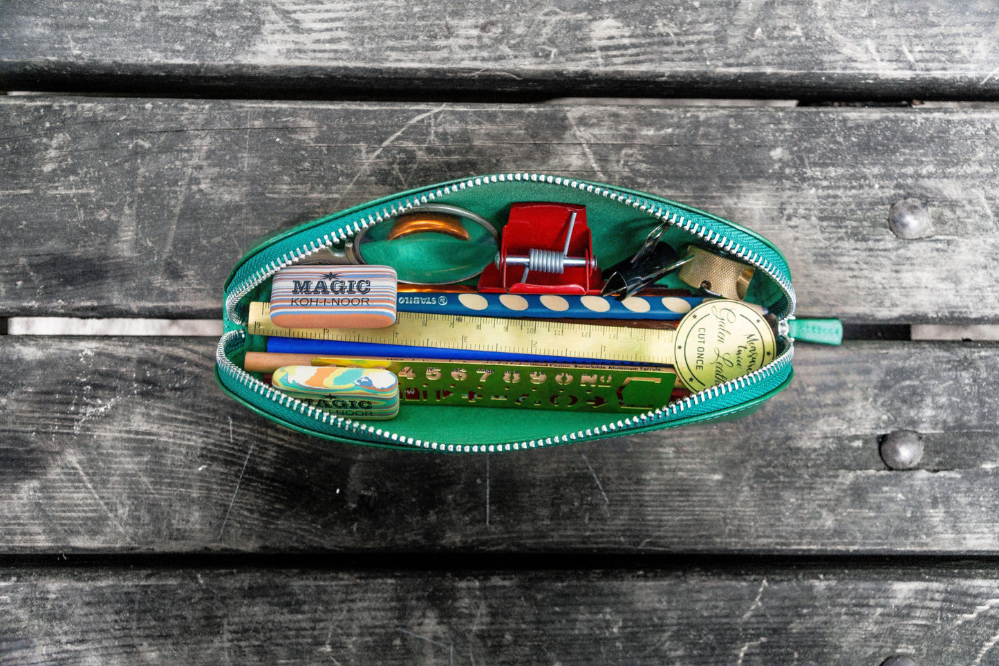 XLarge Zipper Leather Pencil Case - Green