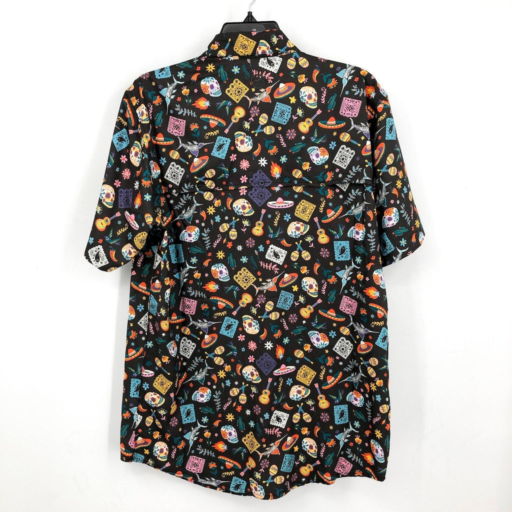 MAGELLAN Mens Dia De Los Muertos Fishing Shirt LARGE Black Short Sleeve NWOT