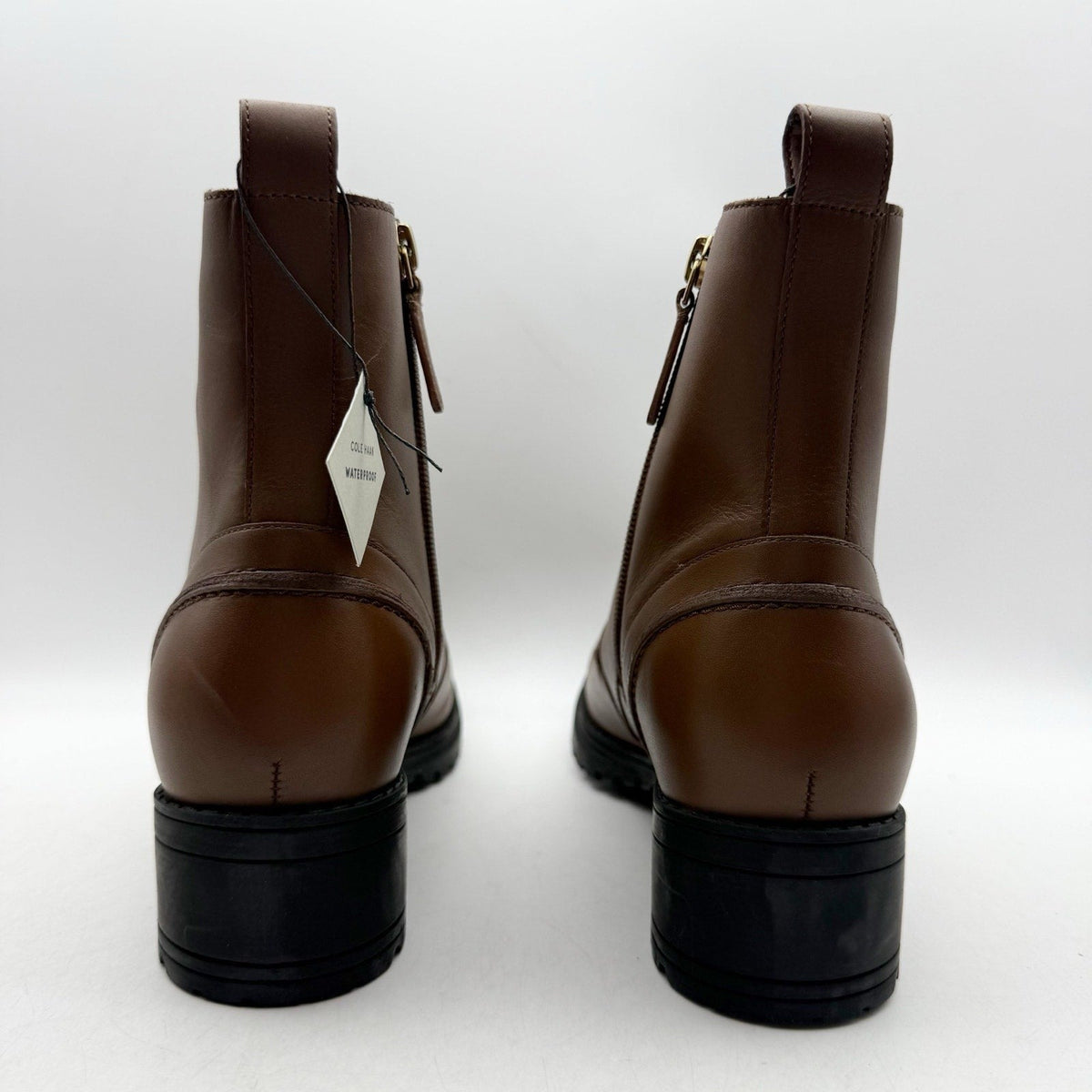 Cole Haan Womens Camea Combat Boots US 7 Brown Leather Zip Side Waterproof NWOB
