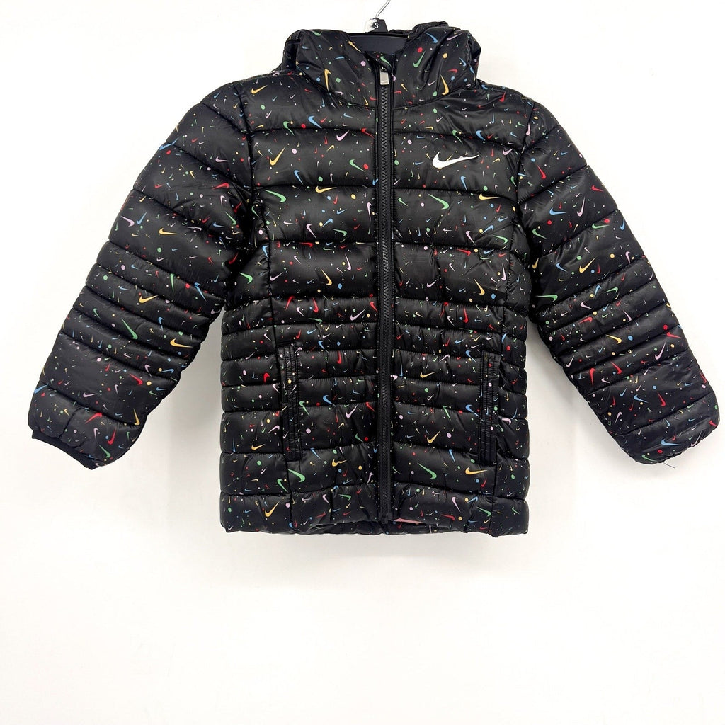 NIKE Girl's Just Do It Printed Puffer Jacket Size 6X Black Confetti NWOT