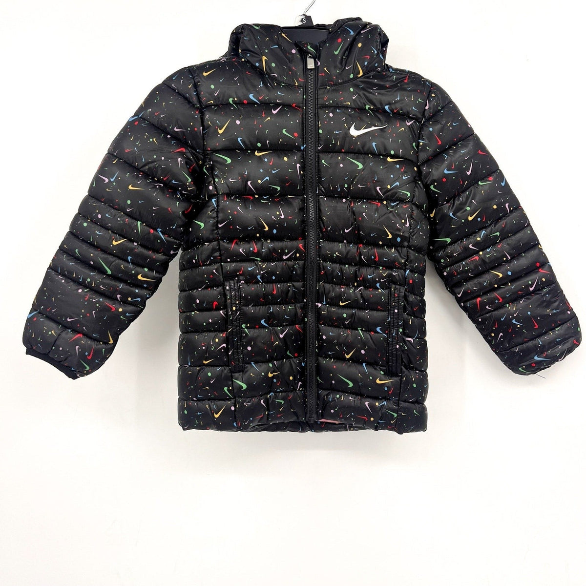 NIKE Girl's Just Do It Printed Puffer Jacket Size 6X Black Confetti NWOT