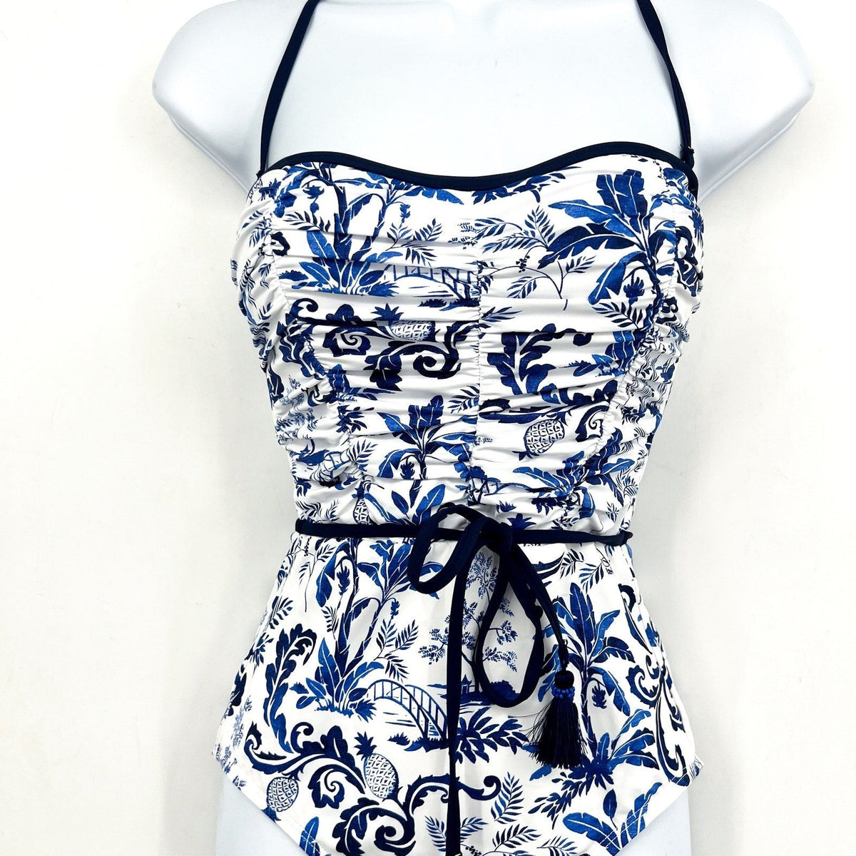TOMMY BAHAMA Terrazzo Tile Bandeau One Piece Swimsuit Size 4 Blue Floral NWT