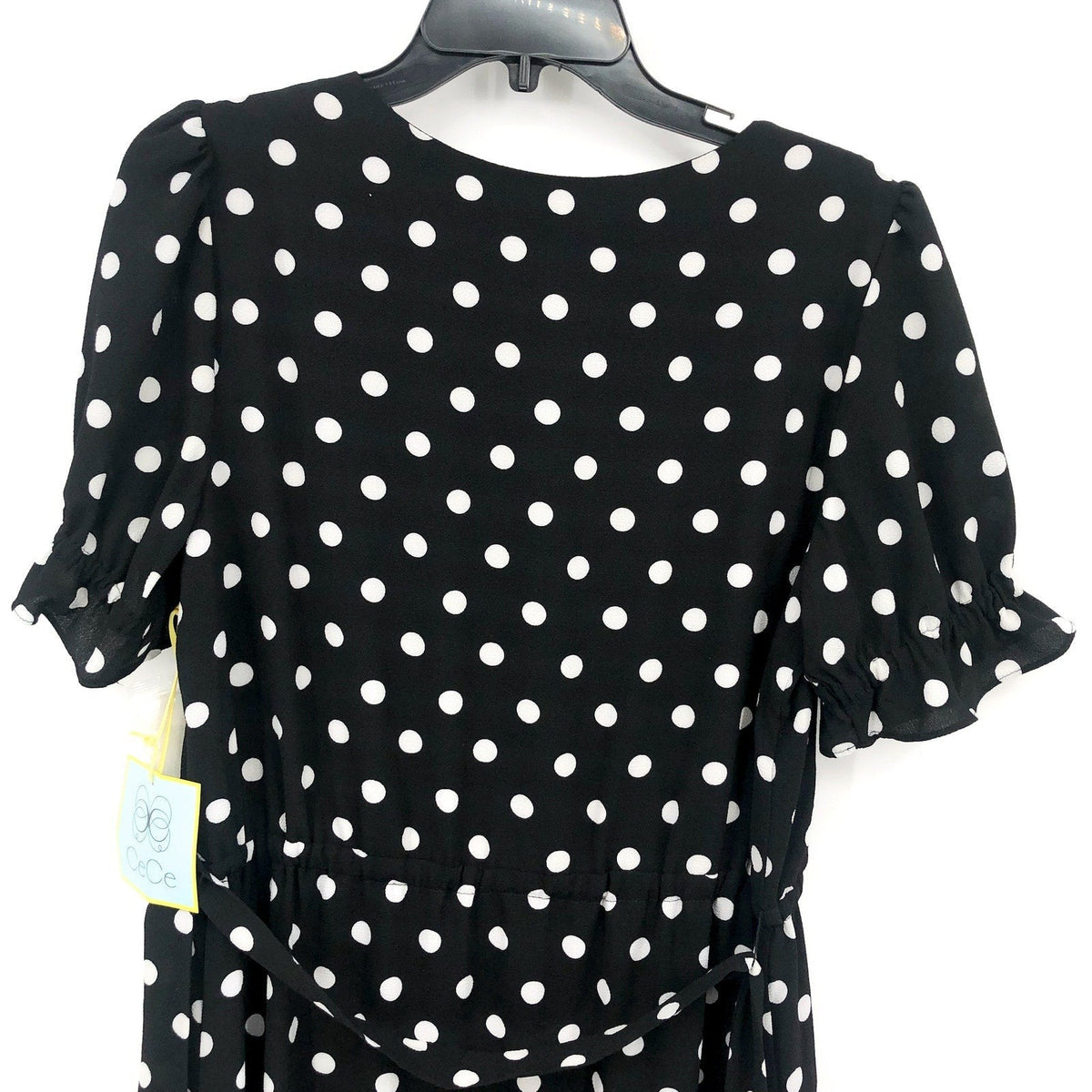 CECE Womens Polka Dot Midi Dress Size 12 Black White Tie Waist Button Front NWT