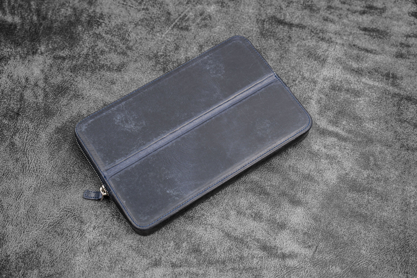Leather Zippered Magnum Opus 12 Slots Hard Pen Case with Removable Pen Tray - Crazy Horse Navy Blue