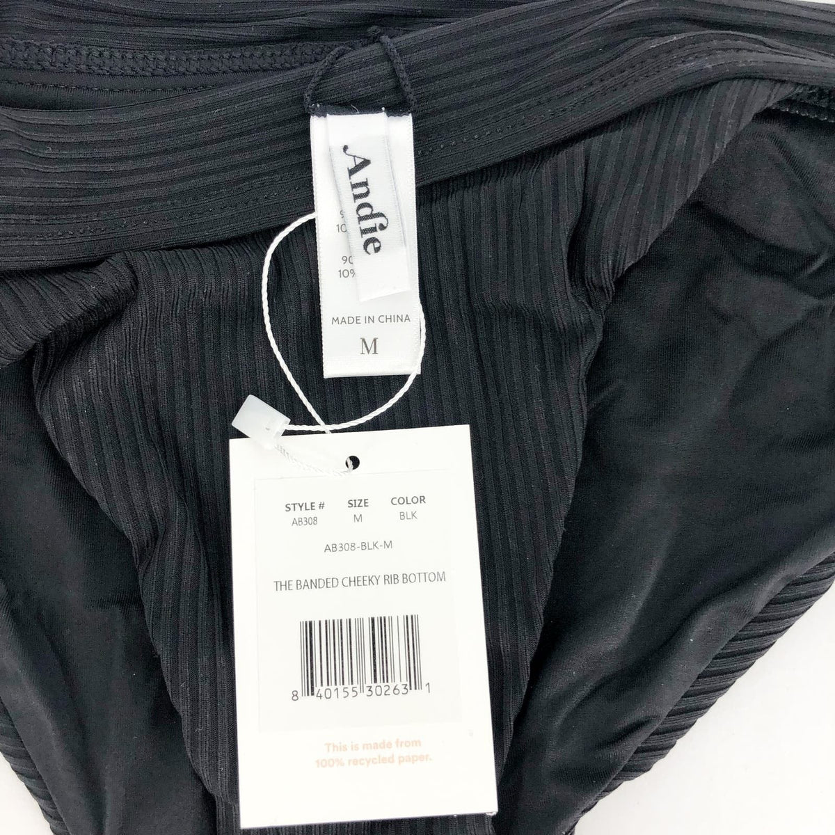 ANDIE SWIM Women's The Banded Cheeky Bikini Bottom Medium Black Ribbed NWT